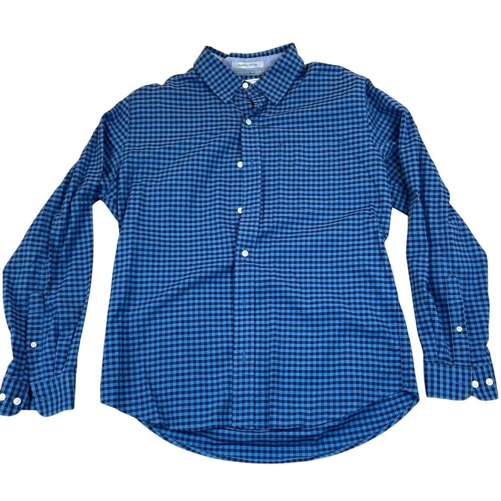 L.L. Bean Mens Shirt M Slightly Fitted Blue & Black Gingham Button-Down